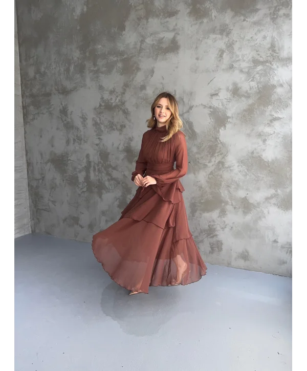 Kat Kat Şifon Kahve Elbise