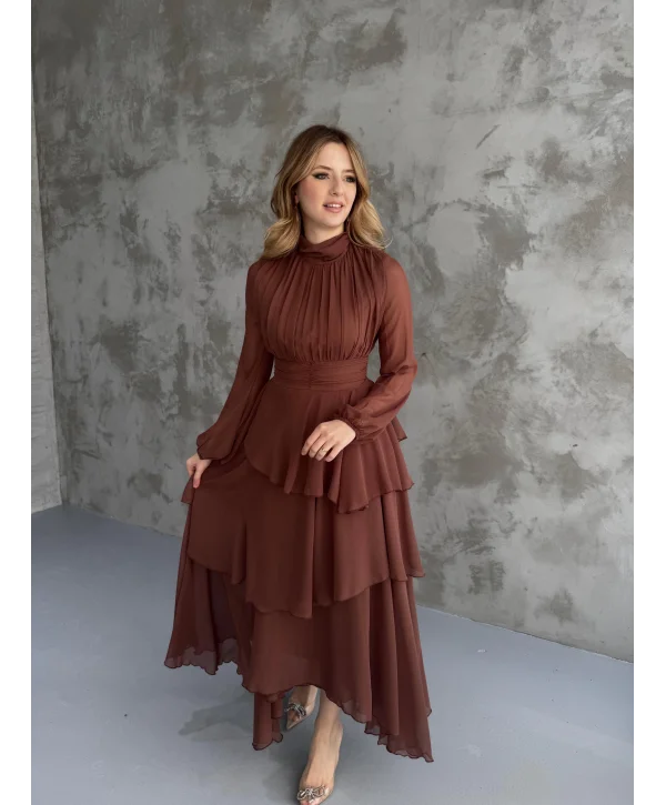 Kat Kat Şifon Kahve Elbise