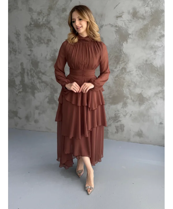 Kat Kat Şifon Kahve Elbise