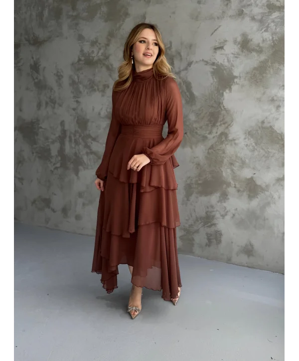 Kat Kat Şifon Kahve Elbise