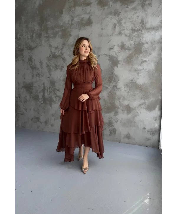 Kat Kat Şifon Kahve Elbise