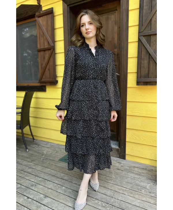 Kat Kat Siyah Beyaz Puantiyeli Şifon Elbise