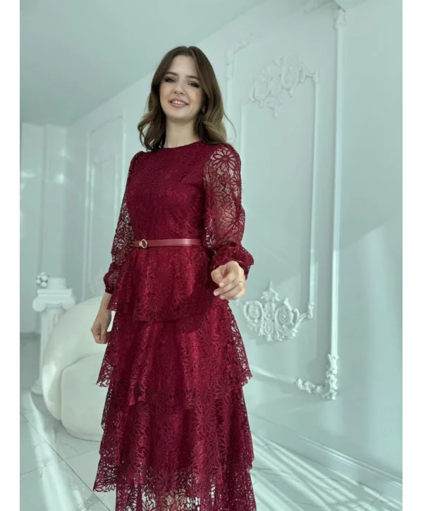 Kat Kat Volanlı Dantel Kumaş Bordo Elbise