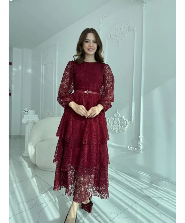 Kat Kat Volanlı Dantel Kumaş Bordo Elbise