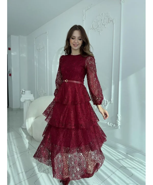 Kat Kat Volanlı Dantel Kumaş Bordo Elbise