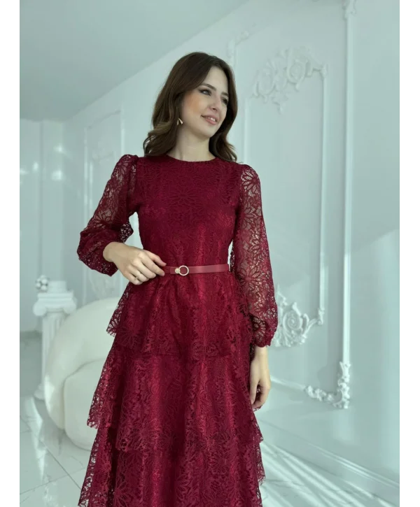 Kat Kat Volanlı Dantel Kumaş Bordo Elbise