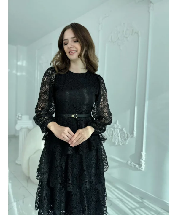 Kat Kat Volanlı Dantel Kumaş Siyah Elbise