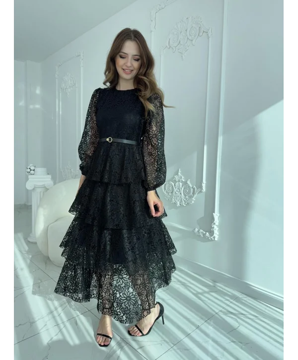 Kat Kat Volanlı Dantel Kumaş Siyah Elbise