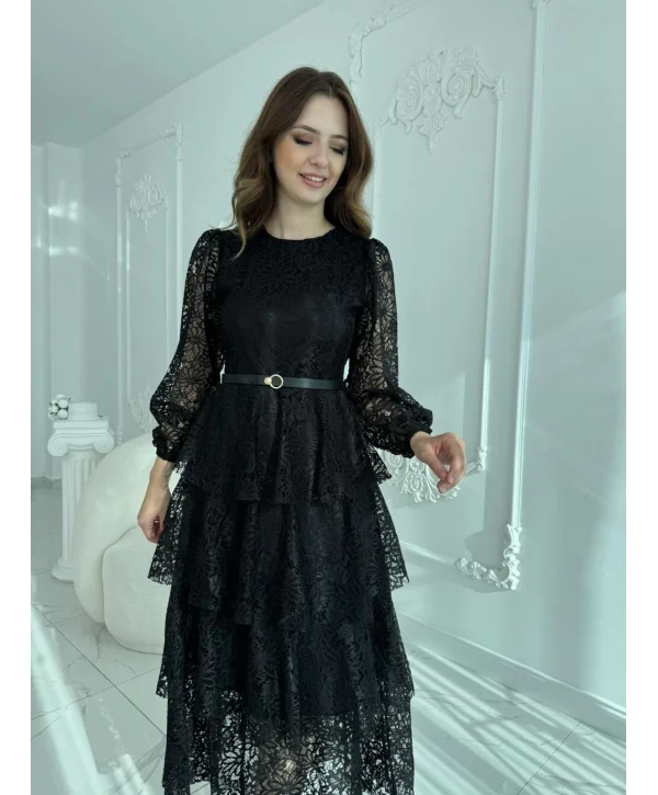Kat Kat Volanlı Dantel Kumaş Siyah Elbise