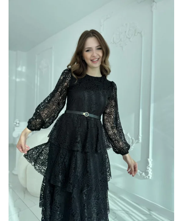 Kat Kat Volanlı Dantel Kumaş Siyah Elbise