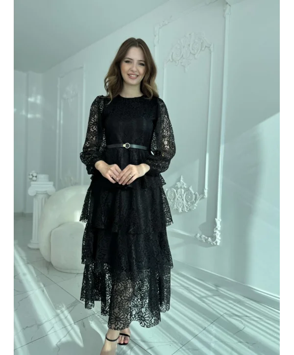 Kat Kat Volanlı Dantel Kumaş Siyah Elbise
