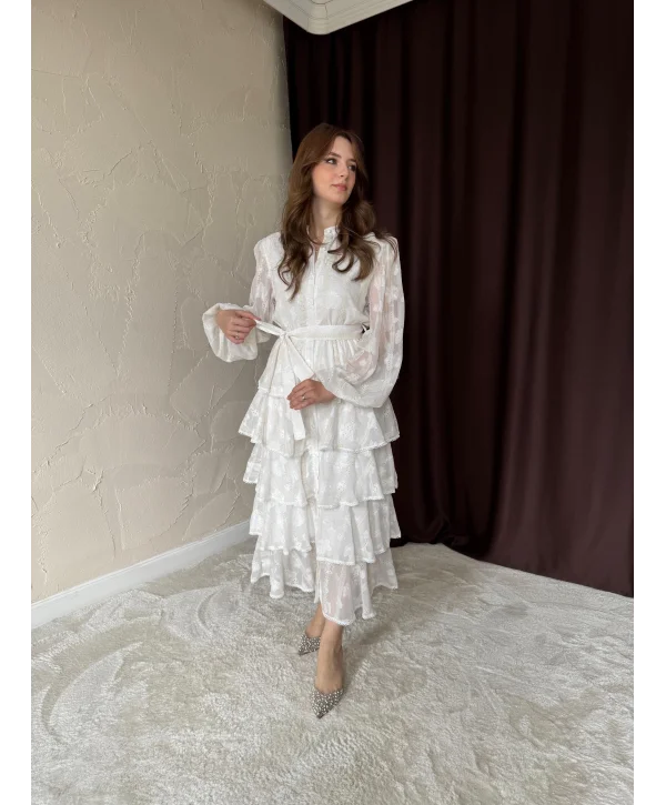 Kat Kat Volanlı İşlemeli Ekru Elbise