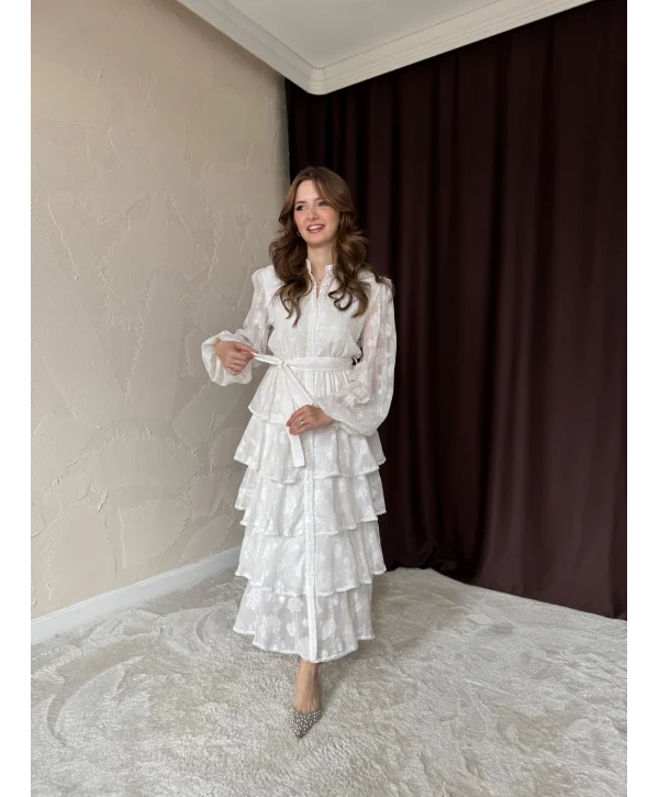 Kat Kat Volanlı İşlemeli Ekru Elbise