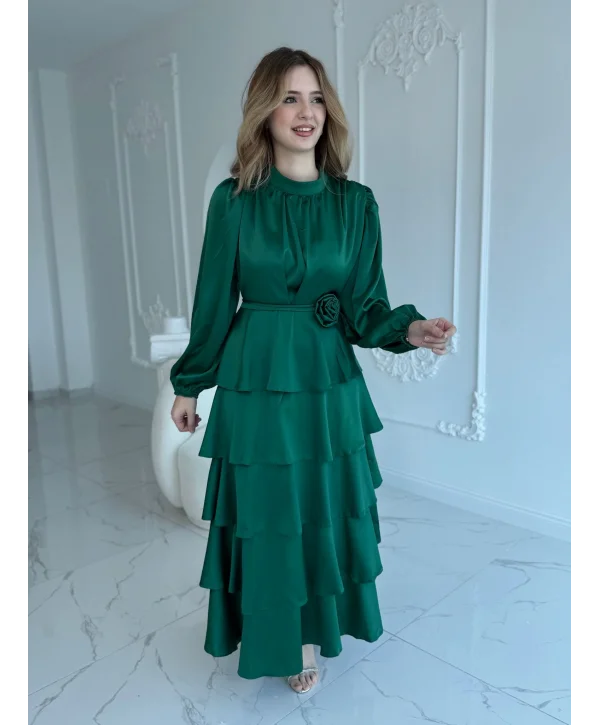 Kat Kat Zümrüt Gül Kemer Detaylı Saten Elbise