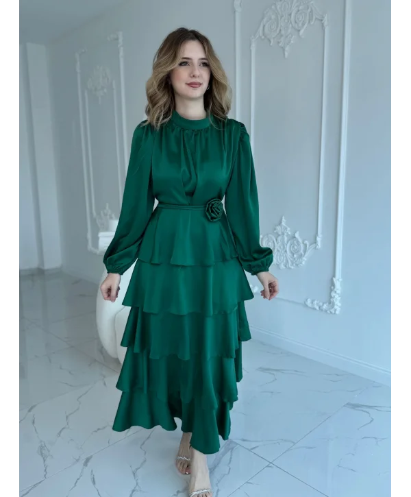 Kat Kat Zümrüt Gül Kemer Detaylı Saten Elbise