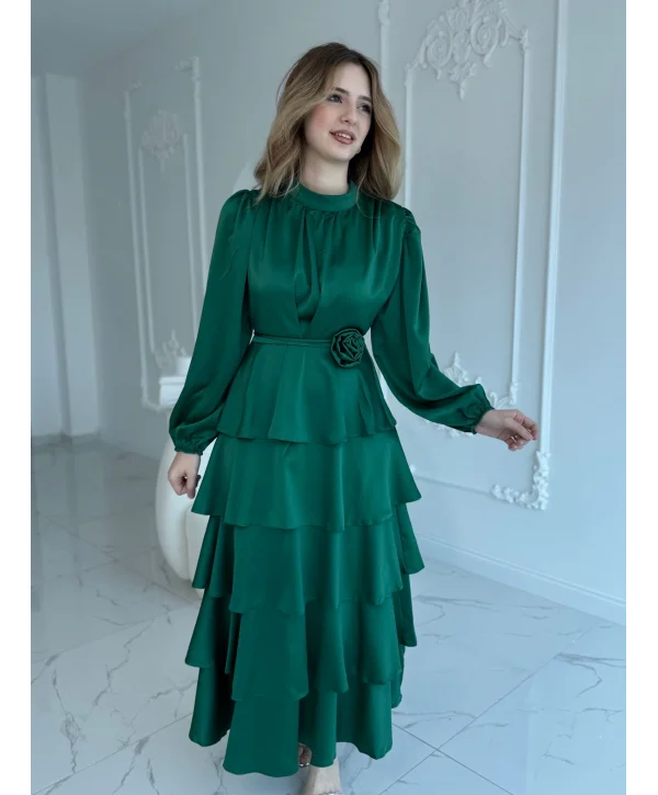 Kat Kat Zümrüt Gül Kemer Detaylı Saten Elbise