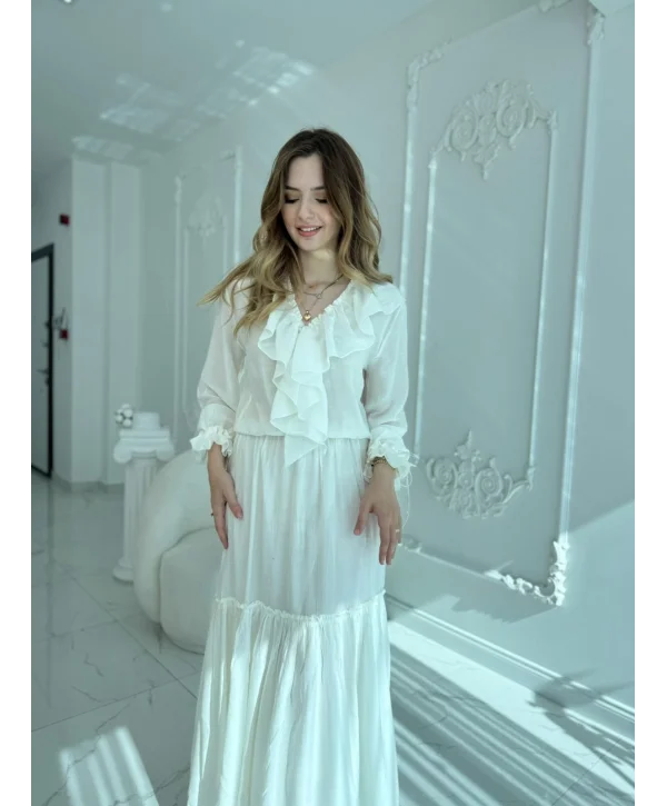 Katlı Fırfır Yaka Uzun Kollu Ekru Elbise