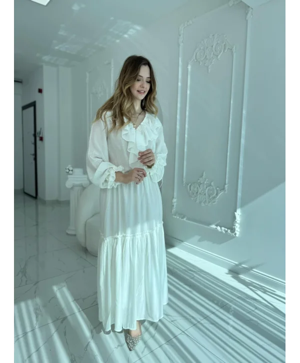 Katlı Fırfır Yaka Uzun Kollu Ekru Elbise