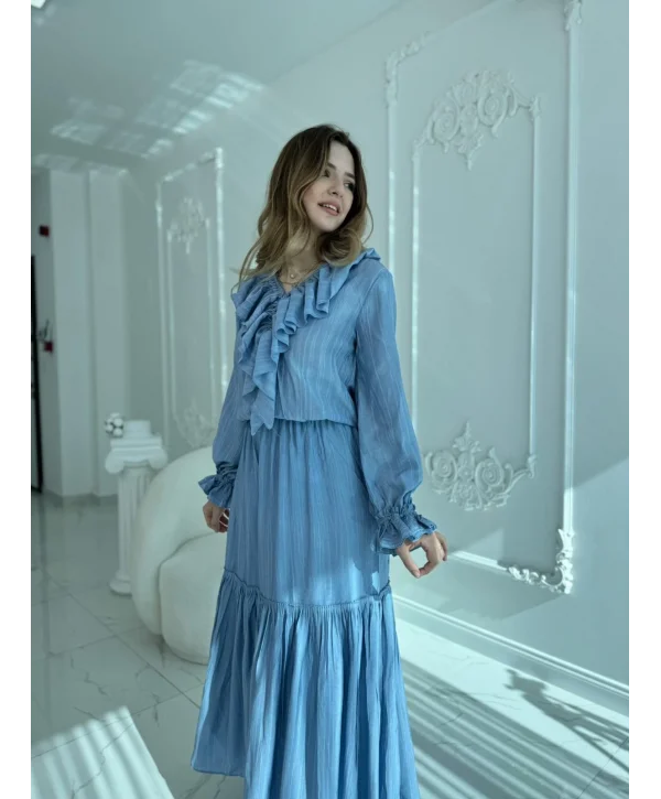 Katlı Fırfır Yaka Uzun Kollu Mavi Elbise