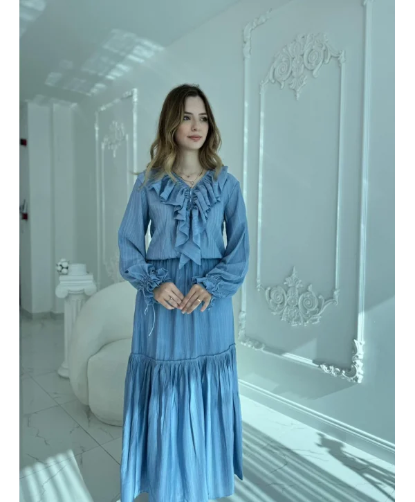 Katlı Fırfır Yaka Uzun Kollu Mavi Elbise