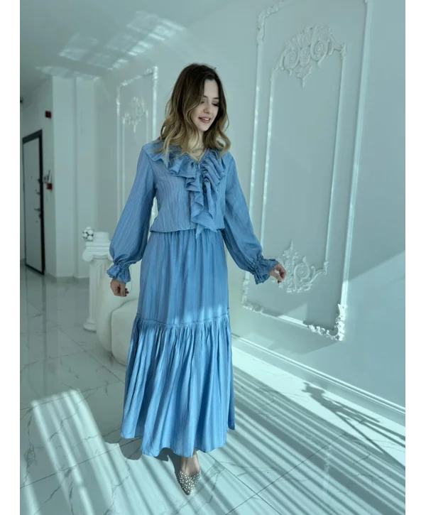 Katlı Fırfır Yaka Uzun Kollu Mavi Elbise