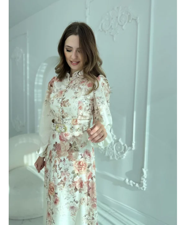 Kemer Detaylı Çiçek Desenli Keten Bej Elbise