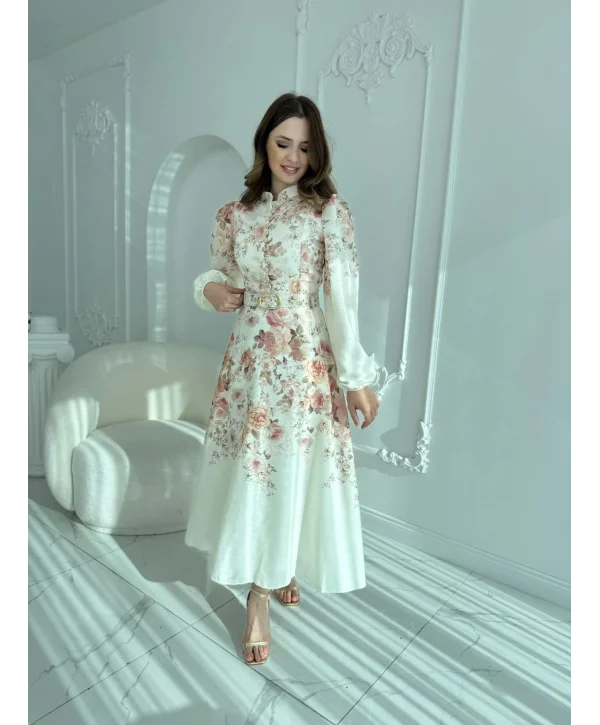 Kemer Detaylı Çiçek Desenli Keten Bej Elbise