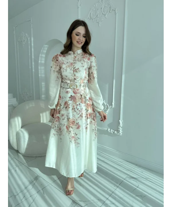 Kemer Detaylı Çiçek Desenli Keten Bej Elbise