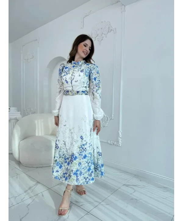 Kemer Detaylı Çiçek Desenli Keten Mavi Elbise