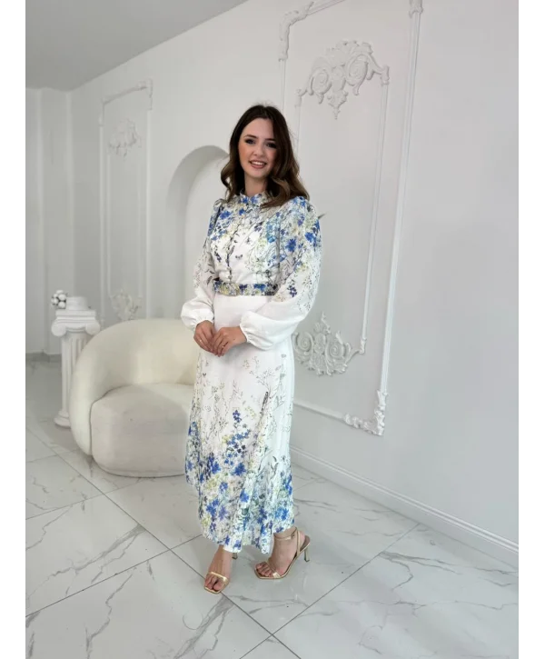 Kemer Detaylı Çiçek Desenli Keten Mavi Elbise