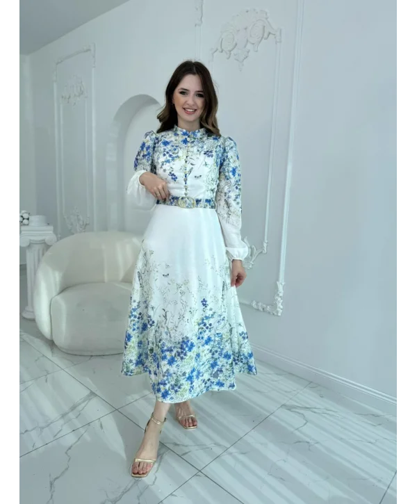 Kemer Detaylı Çiçek Desenli Keten Mavi Elbise