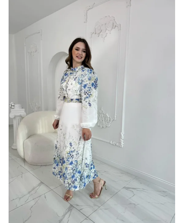 Kemer Detaylı Çiçek Desenli Keten Mavi Elbise