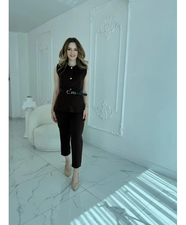 Kemer Detaylı Kahve Yelek Pantolon Takım