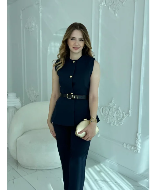 Kemer Detaylı Lacivert Yelek Pantolon Takım