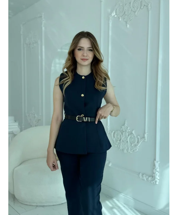 Kemer Detaylı Lacivert Yelek Pantolon Takım