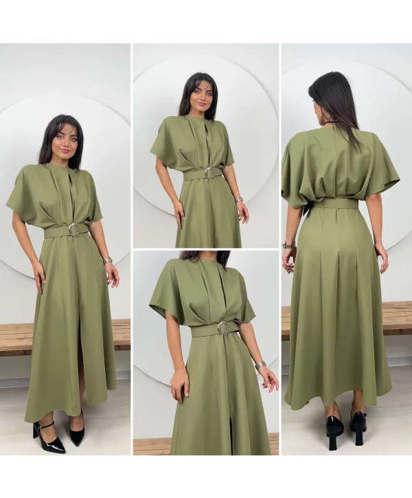 Kemer Detaylı Yırtmaçlı Pliseli Maxi Boy Haki Elbise