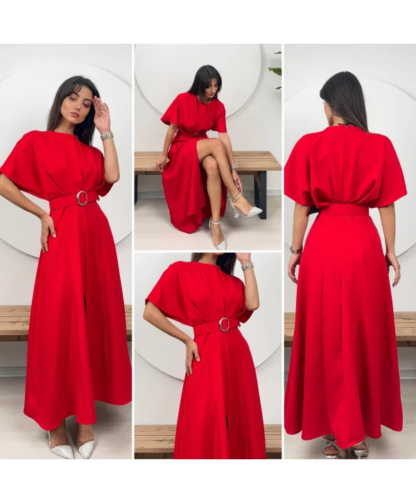 Kemer Detaylı Yırtmaçlı Pliseli Maxi Boy Kırmızı Elbise