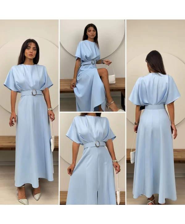 Kemer Detaylı Yırtmaçlı Pliseli Maxi Boy Mavi Elbise