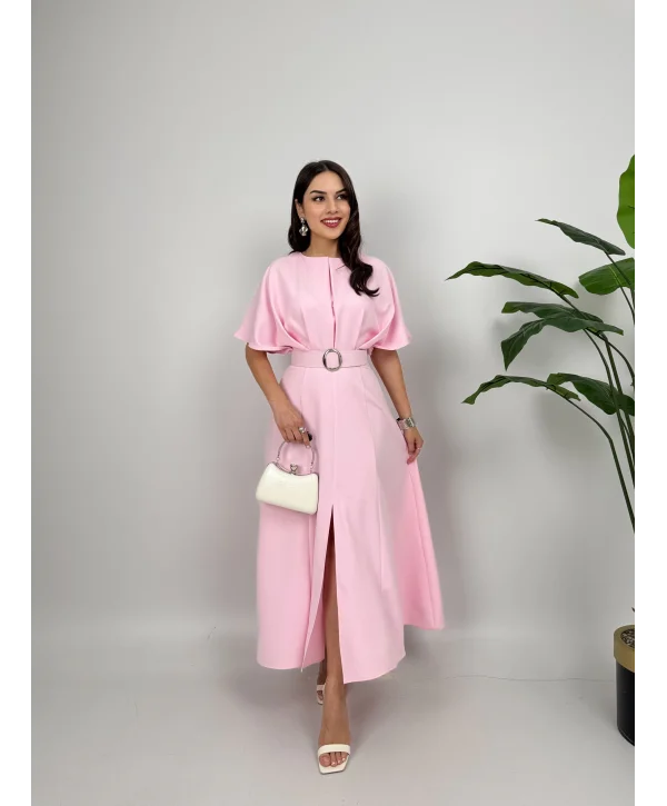 Kemer Detaylı Yırtmaçlı Pliseli Maxi Boy Pembe Elbise