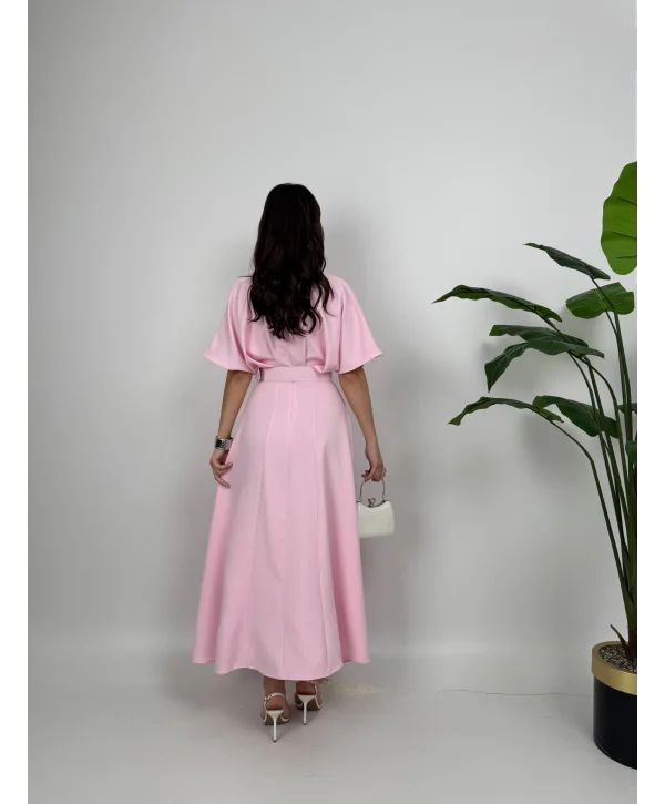 Kemer Detaylı Yırtmaçlı Pliseli Maxi Boy Pembe Elbise