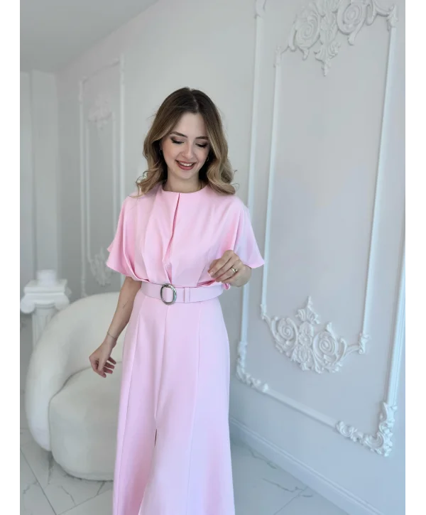 Kemer Detaylı Yırtmaçlı Pliseli Maxi Boy Pembe Elbise