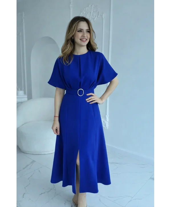 Kemer Detaylı Yırtmaçlı Pliseli Maxi Boy Saks Mavi Elbise