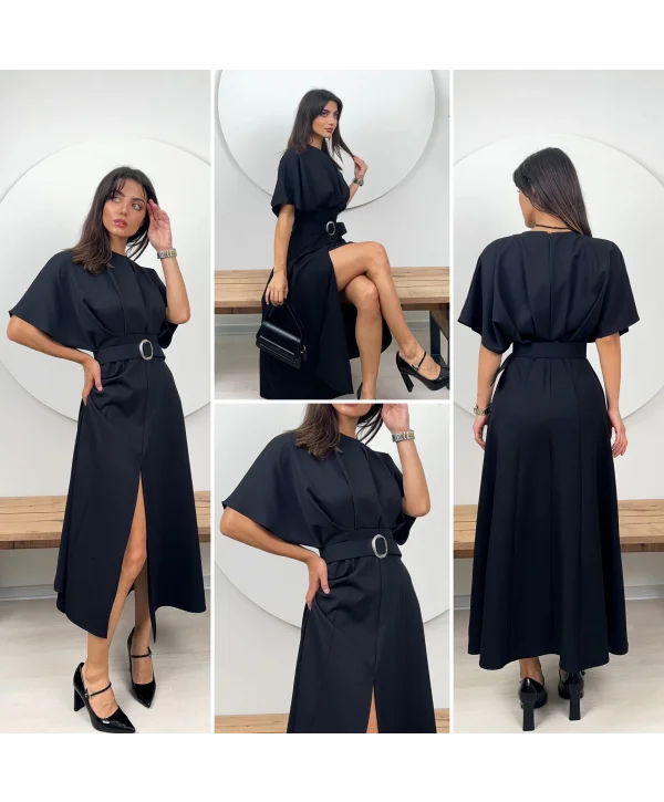 Kemer Detaylı Yırtmaçlı Pliseli Maxi Boy Siyah Elbise