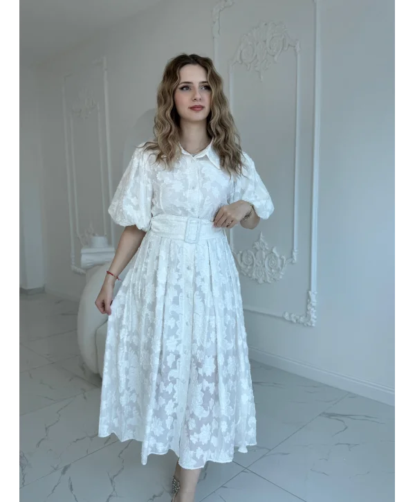 Kemerli Balon Kol Jakarlı Ekru Elbise