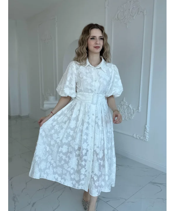 Kemerli Balon Kol Jakarlı Ekru Elbise