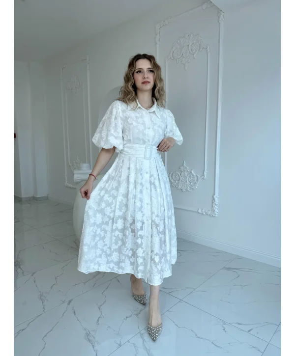 Kemerli Balon Kol Jakarlı Ekru Elbise