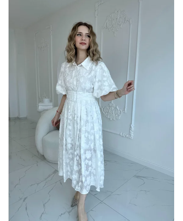 Kemerli Balon Kol Jakarlı Ekru Elbise