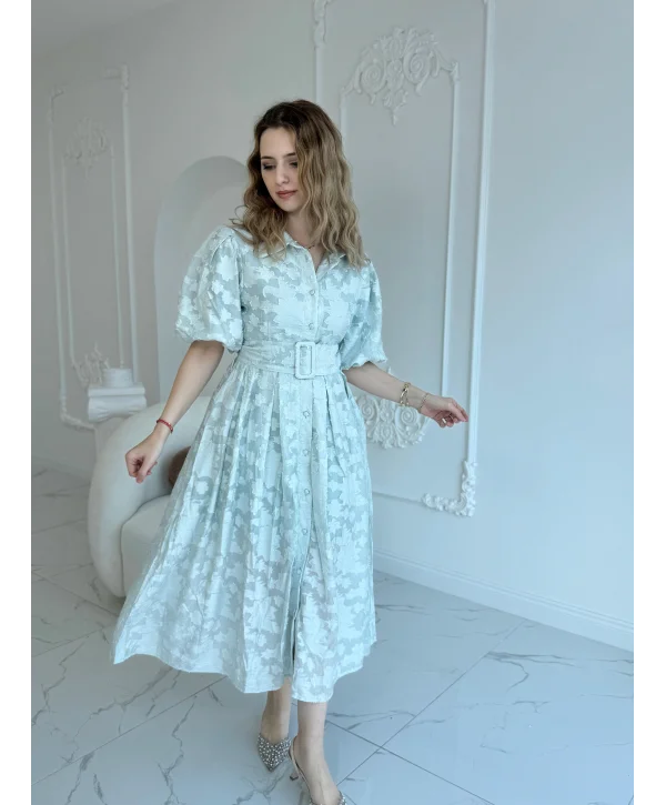 Kemerli Balon Kol Jakarlı Mint Elbise