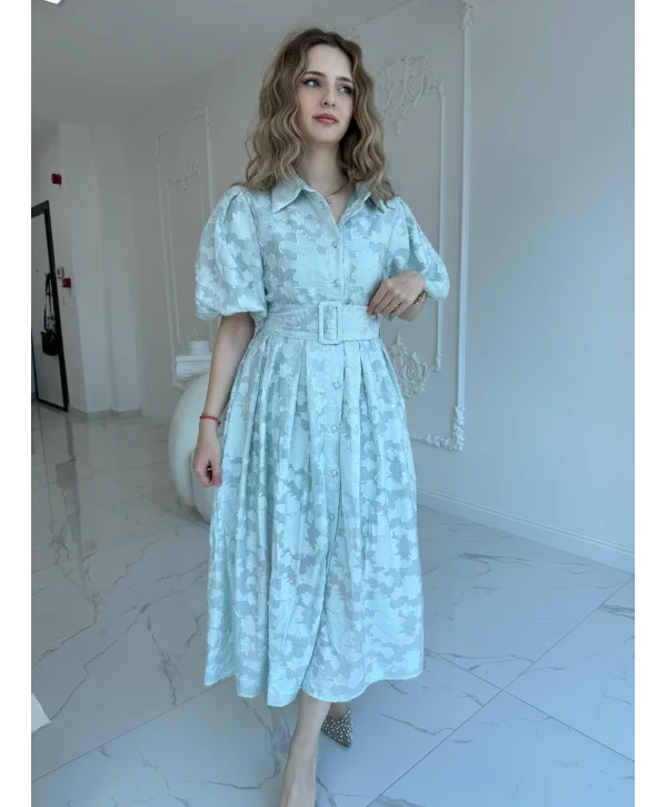 Kemerli Balon Kol Jakarlı Mint Elbise