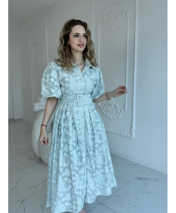 Kemerli Balon Kol Jakarlı Mint Elbise